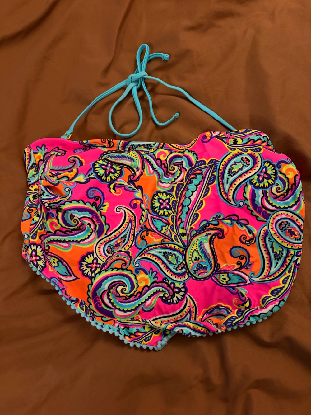 Arizona Jean Company Pink Orange Paisley Halter Swim Top with Teal Ties